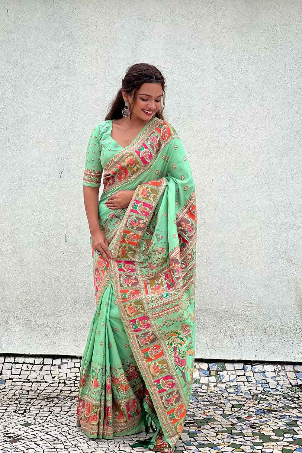 Sea Green Pashmina Silk Woven Design Saree