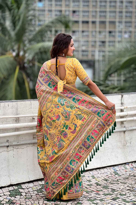 Yellow Pashmina Silk Woven Design Saree