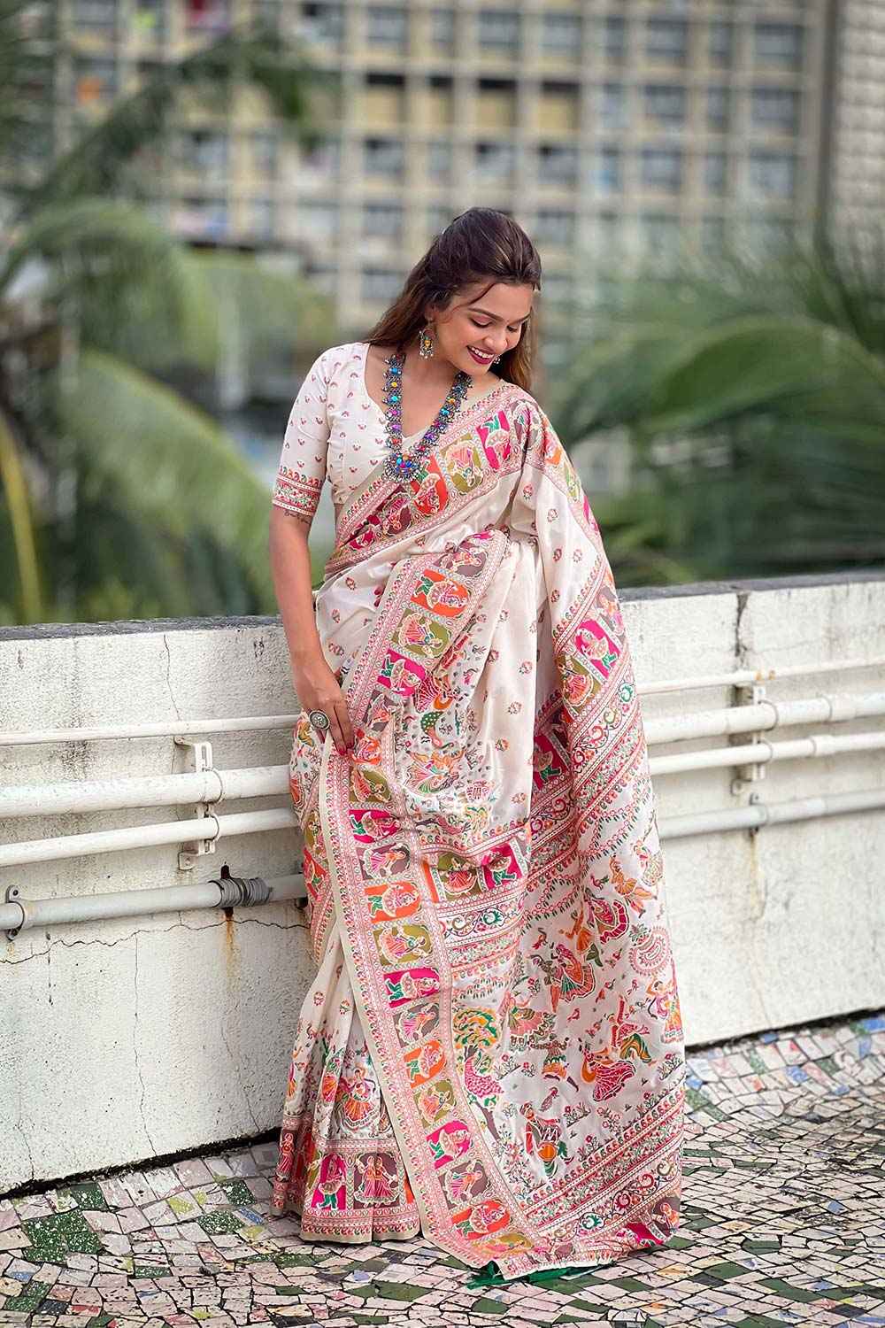 White Pashmina Silk Woven Design Saree