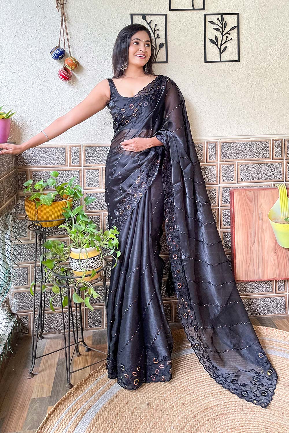 Black Burberry Embroidered Saree