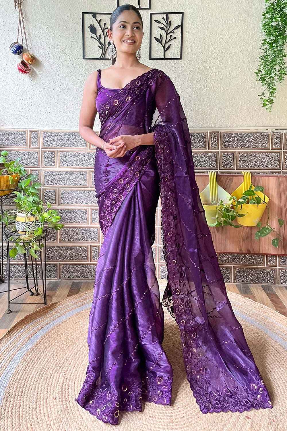 Purple Burberry Embroidered Saree