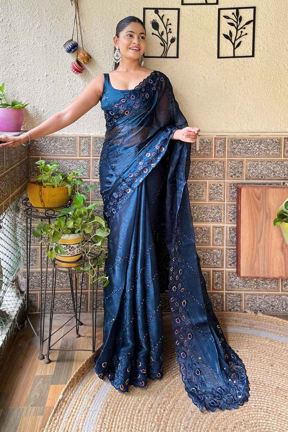 Rama Burberry Embroidered Saree