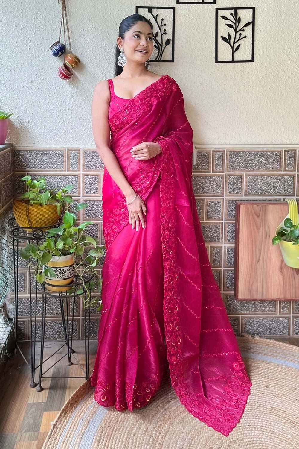 Pink Burberry Embroidered Saree