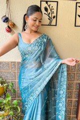 Sky Blue Burberry Embroidered Saree