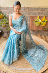 Sky Blue Burberry Embroidered Saree