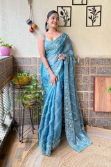 Sky Blue Burberry Embroidered Saree