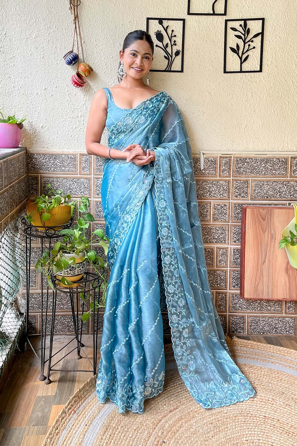 Sky Blue Burberry Embroidered Saree