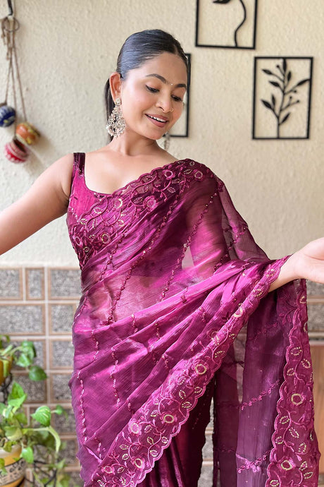 Wine Burberry Embroidered Saree