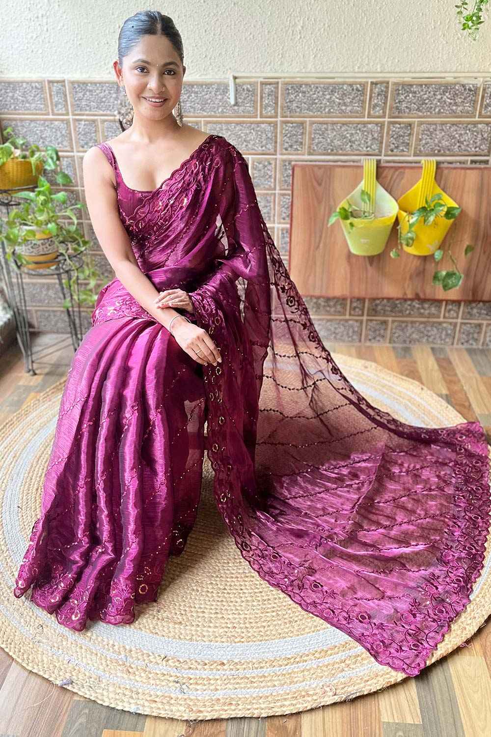 Wine Burberry Embroidered Saree