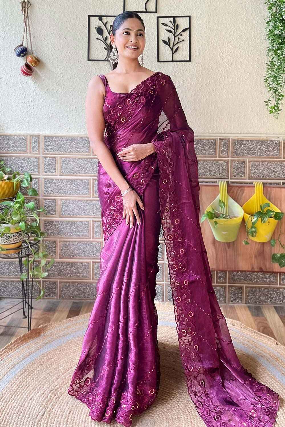 Wine Burberry Embroidered Saree