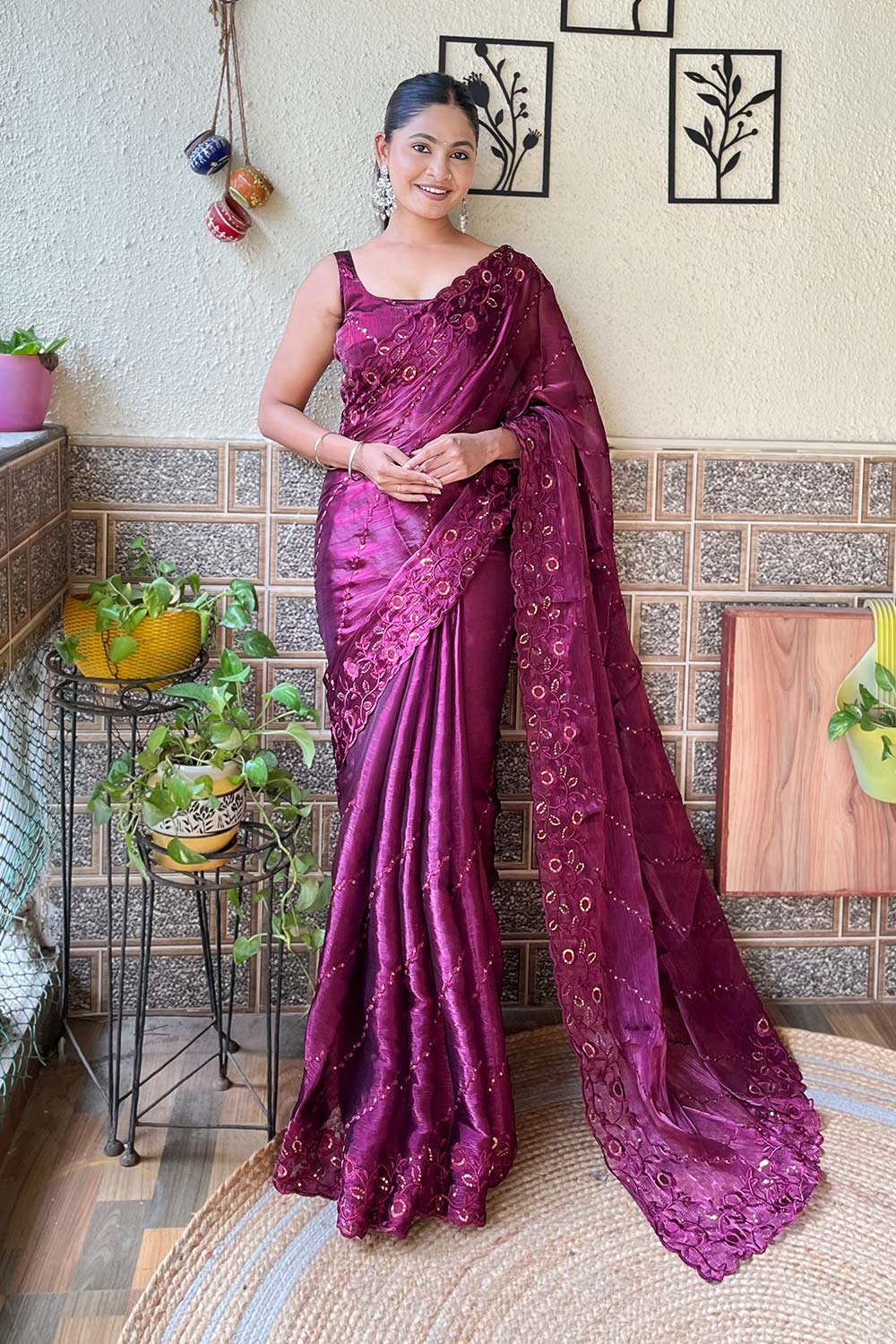 Wine Burberry Embroidered Saree