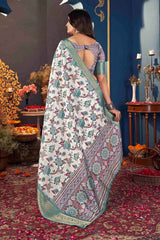 White Jacquard Silk Printed Saree