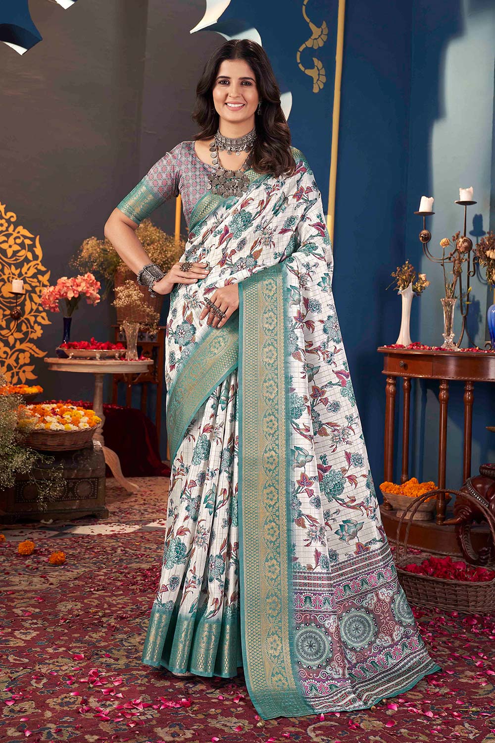 White Jacquard Silk Printed Saree