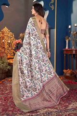 White Jacquard Silk Printed Saree