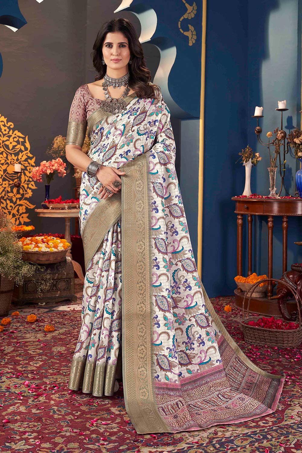 White Jacquard Silk Printed Saree