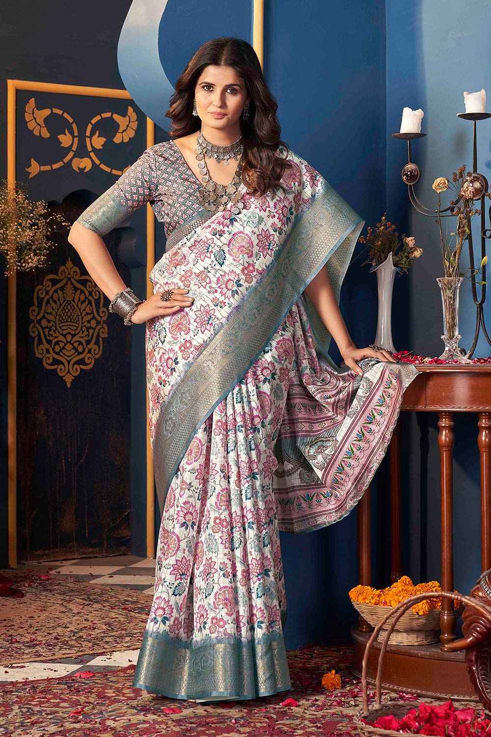 White Jacquard Silk Printed Saree