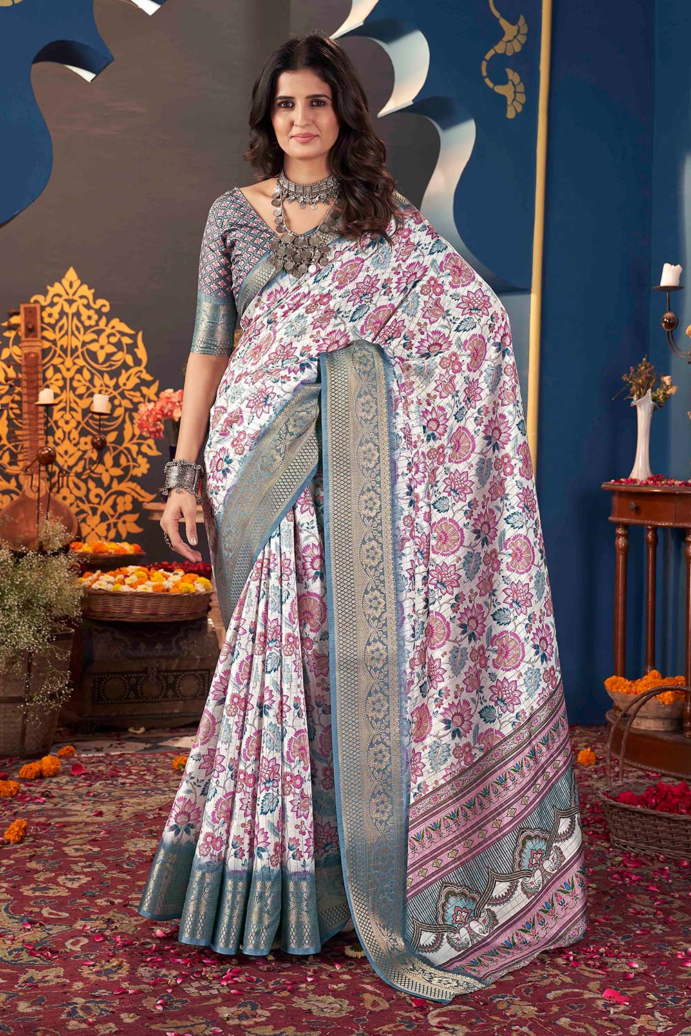 White Jacquard Silk Printed Saree