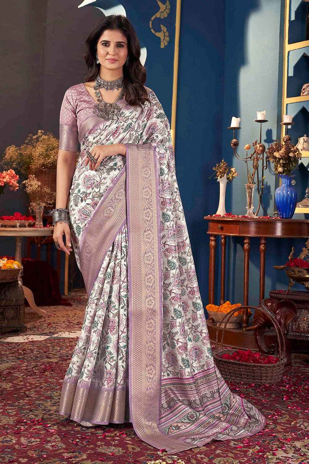 White Jacquard Silk Printed Saree