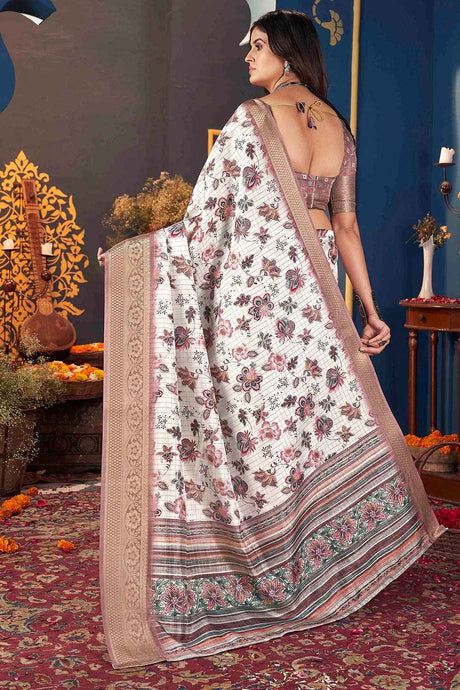 White Jacquard Silk Printed Saree