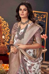 White Jacquard Silk Printed Saree