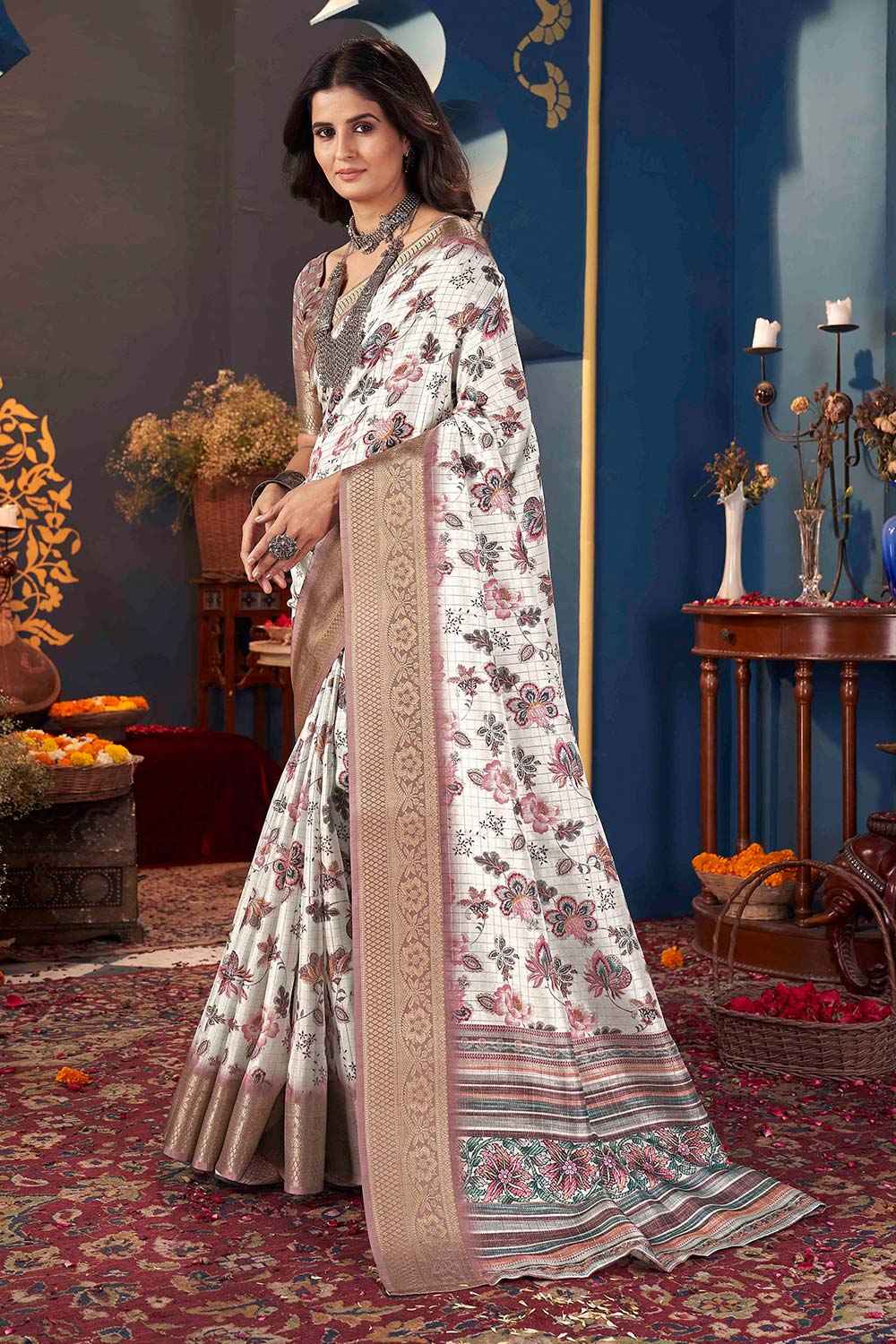 White Jacquard Silk Printed Saree