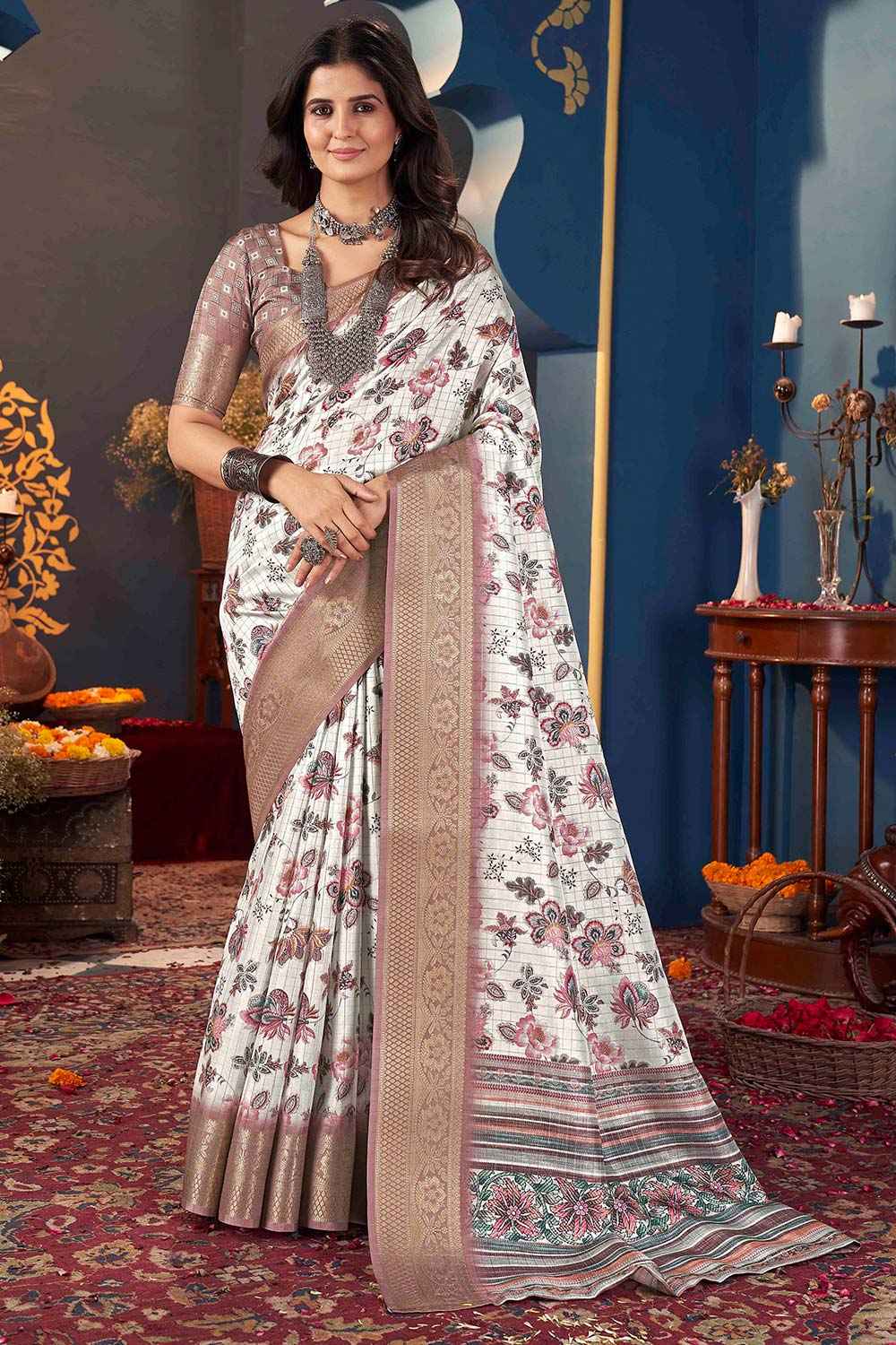 White Jacquard Silk Printed Saree