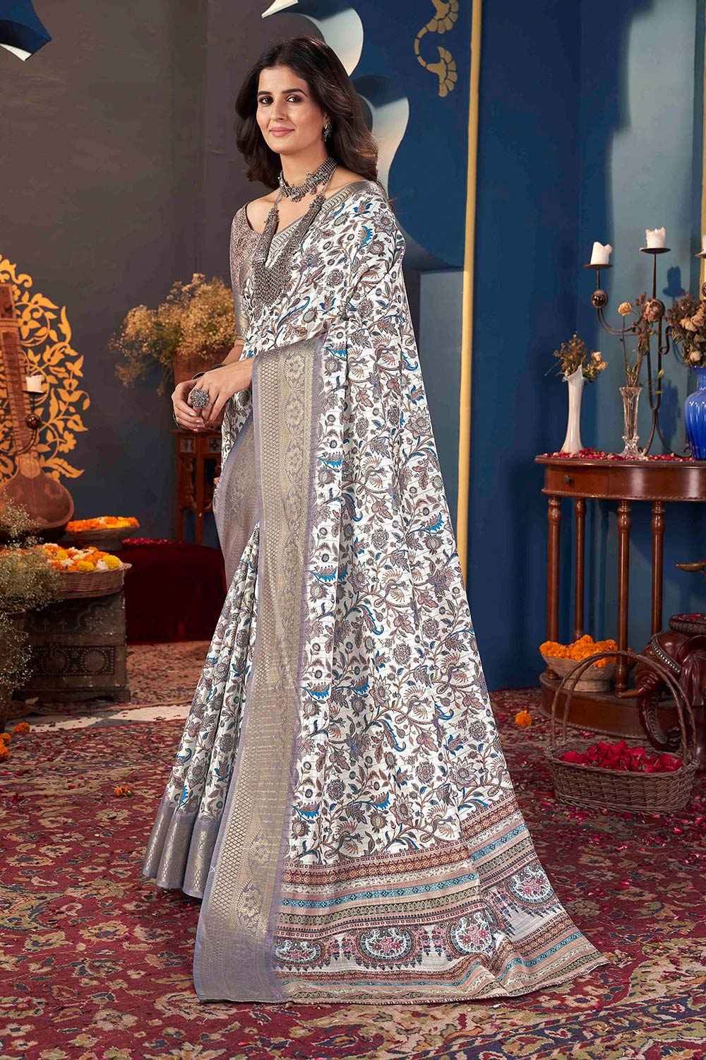 White Jacquard Silk Printed Saree