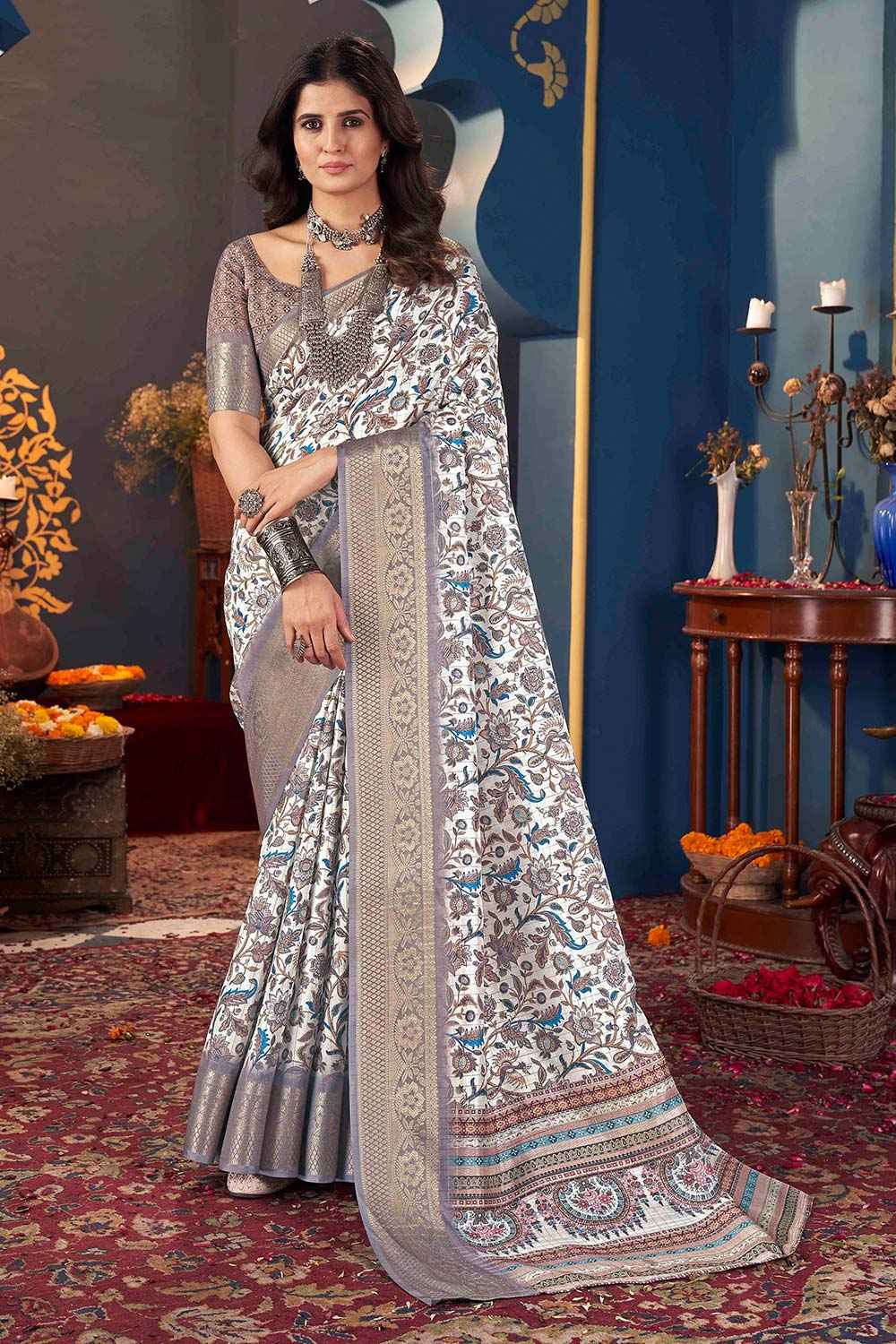 White Jacquard Silk Printed Saree