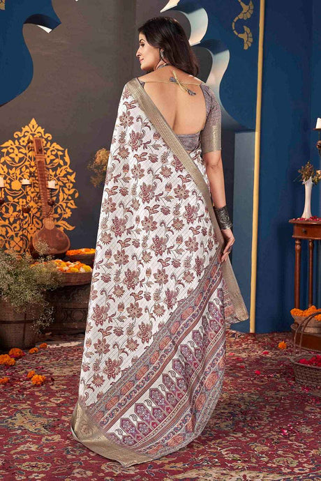 White Jacquard Silk Printed Saree