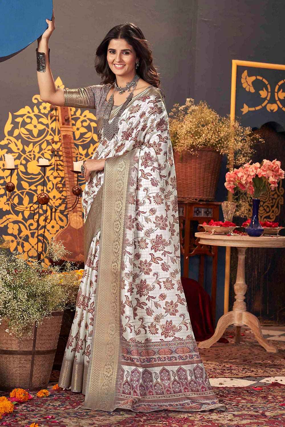 White Jacquard Silk Printed Saree