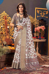 White Jacquard Silk Printed Saree