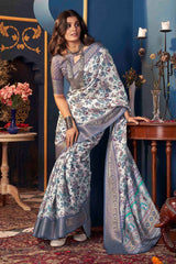 White Jacquard Silk Printed Saree