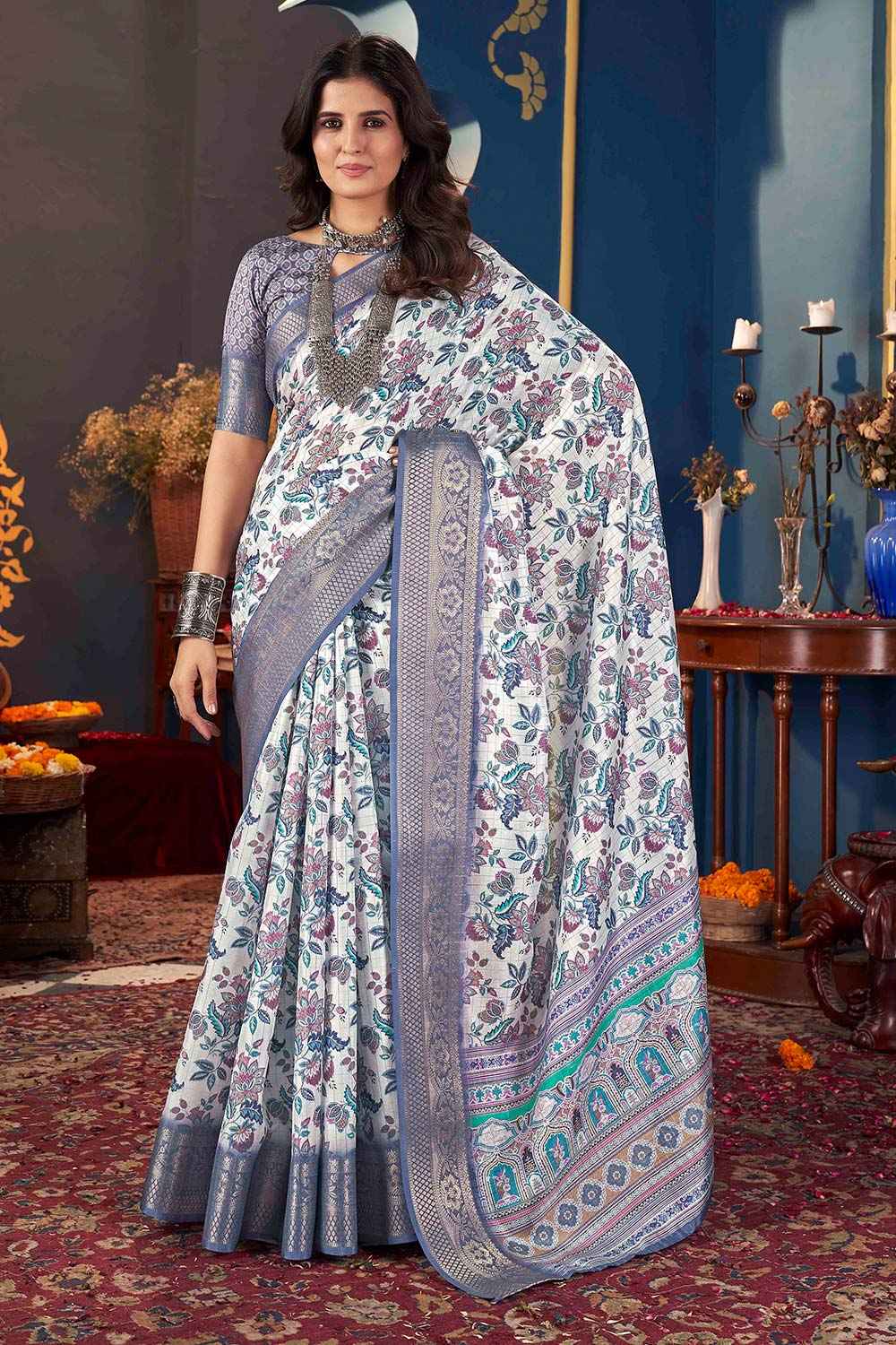 White Jacquard Silk Printed Saree