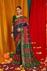 Navy Blue Tussar Silk Woven Saree