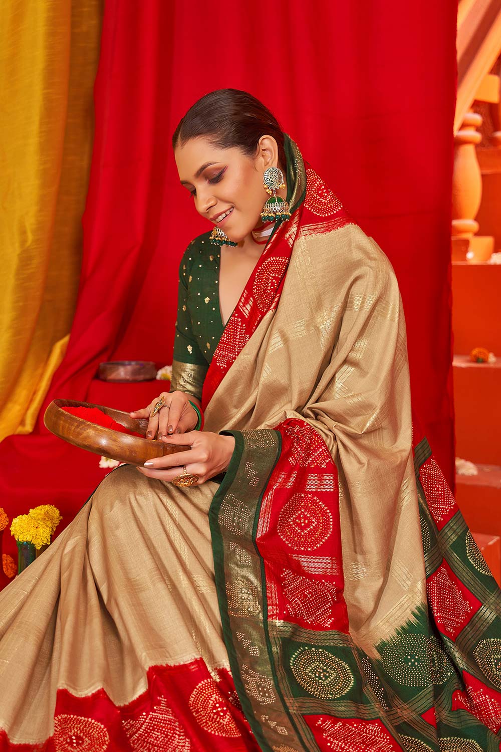 Beige Tussar Silk Woven Saree