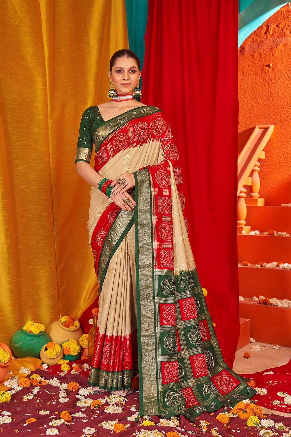 Beige Tussar Silk Woven Saree