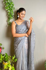 Grey Crystal Silk Embroidered Saree