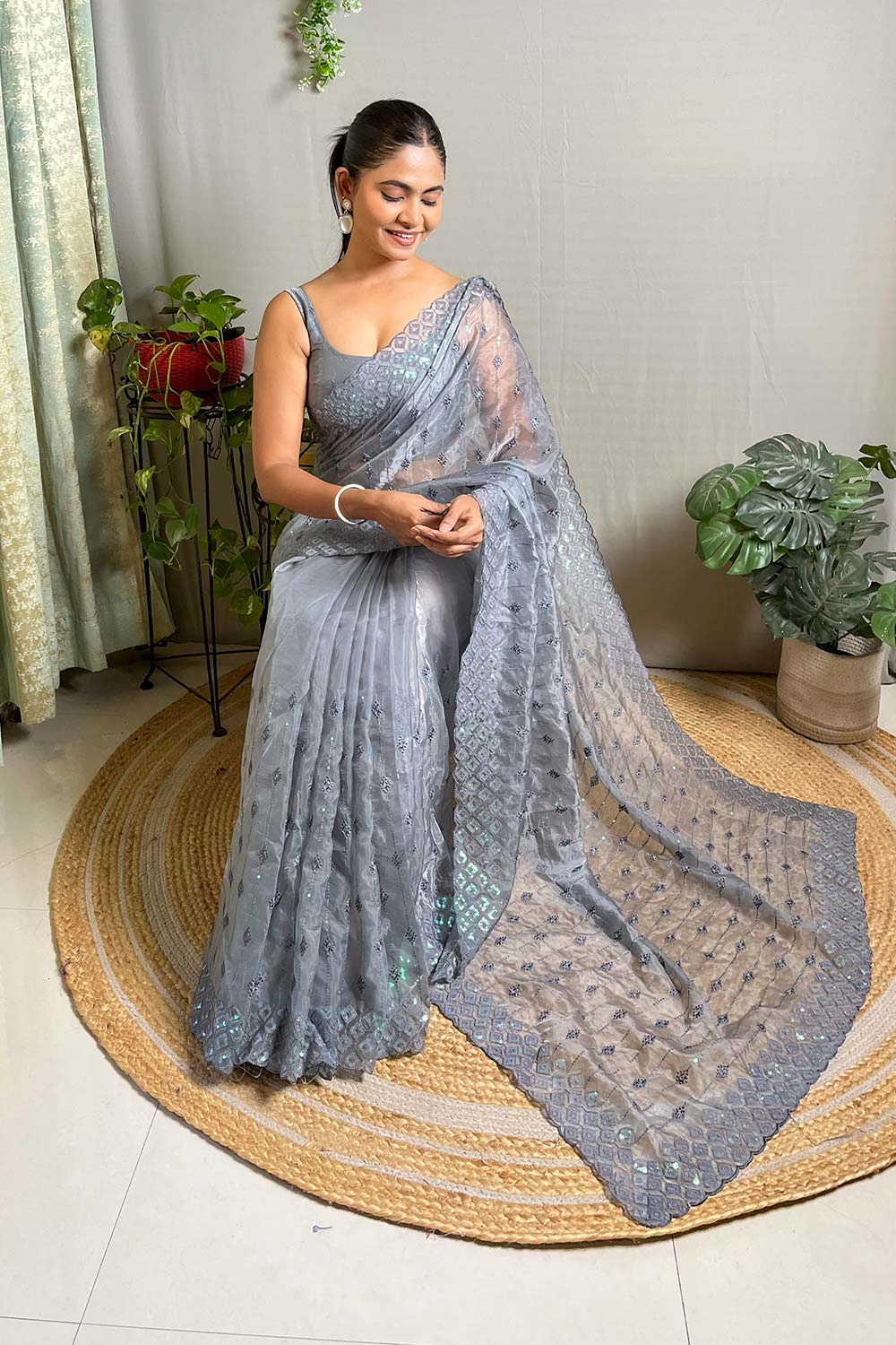 Grey Crystal Silk Embroidered Saree