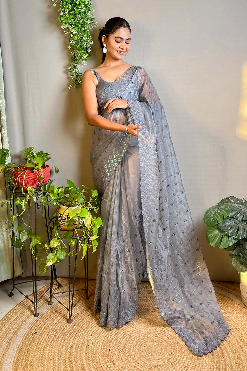 Grey Crystal Silk Embroidered Saree