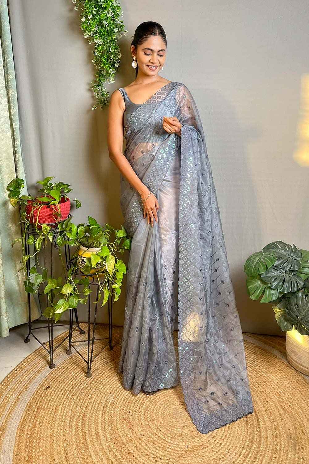 Grey Crystal Silk Embroidered Saree