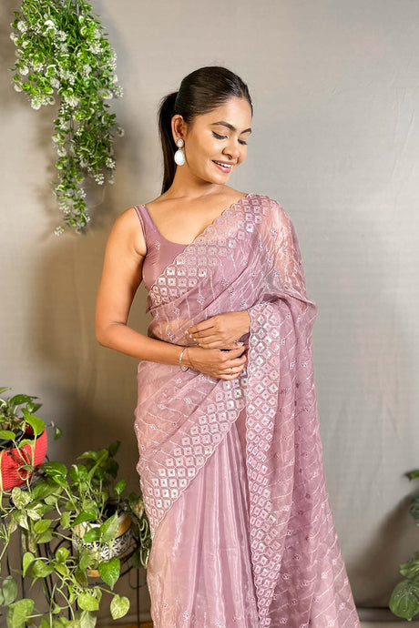 Lavender Crystal Silk Embroidered Saree