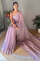 Lavender Crystal Silk Embroidered Saree