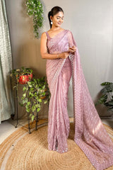 Lavender Crystal Silk Embroidered Saree