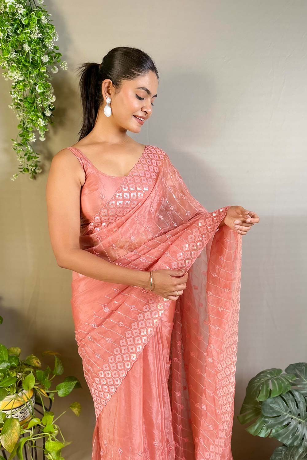 Peach Crystal Silk Embroidered Saree