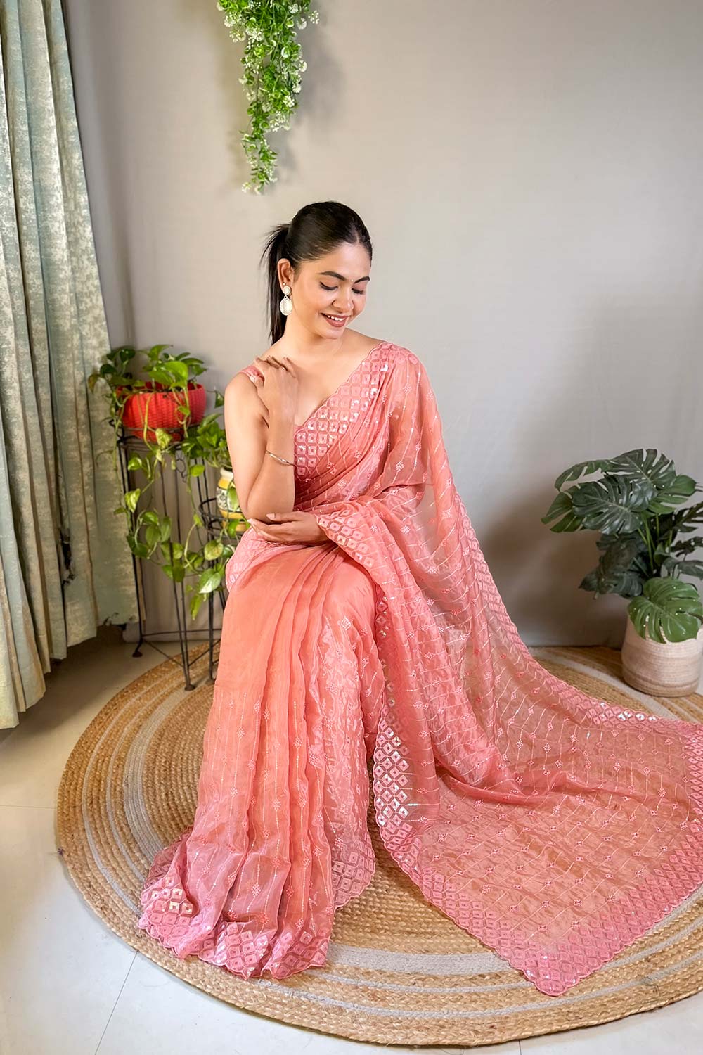 Peach Crystal Silk Embroidered Saree