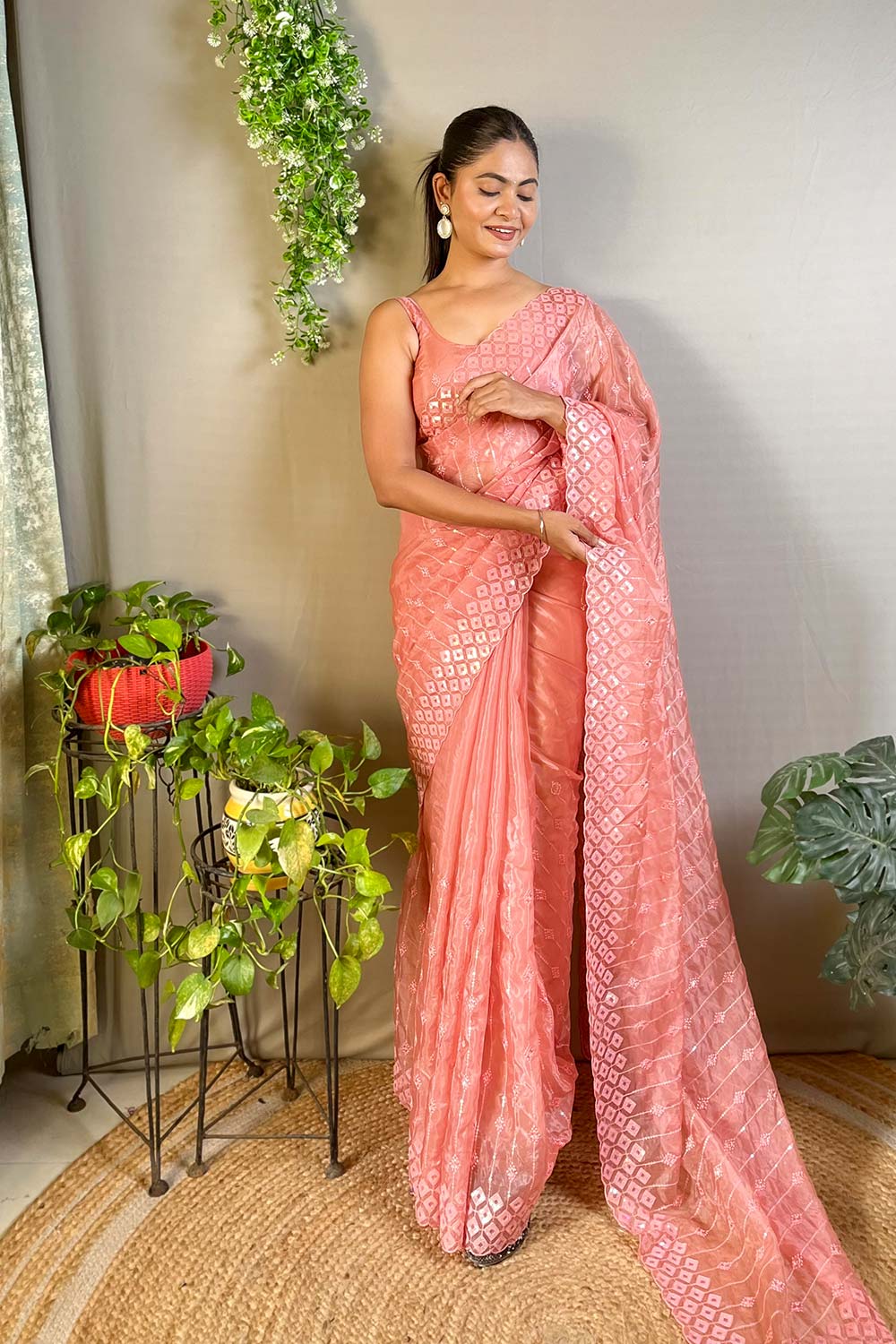 Peach Crystal Silk Embroidered Saree