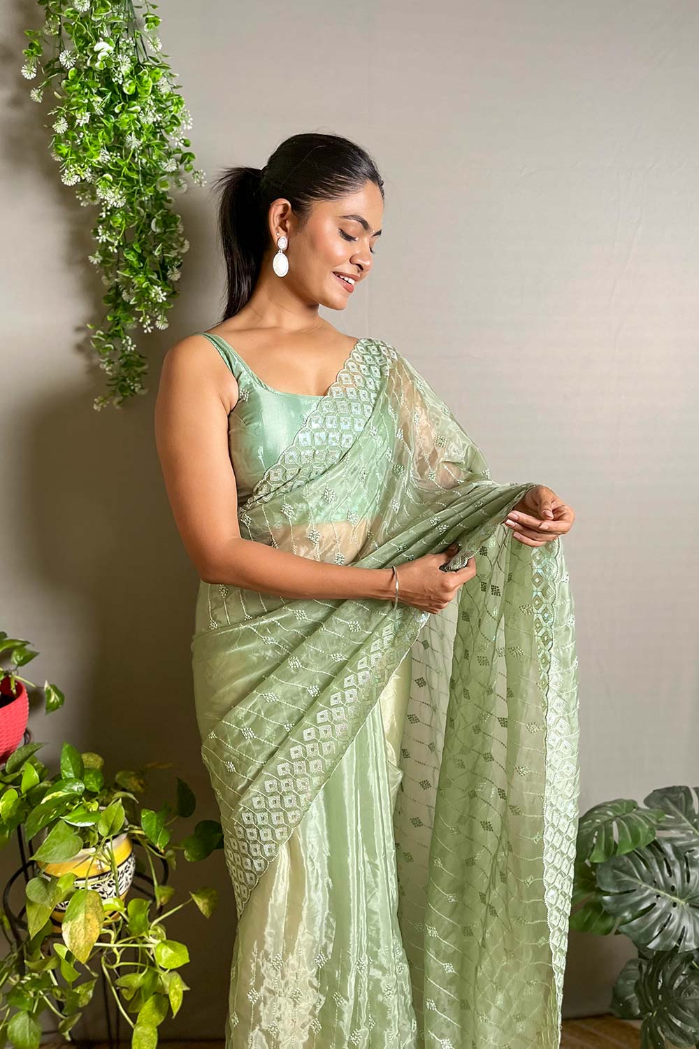 Pista Crystal Silk Embroidered Saree