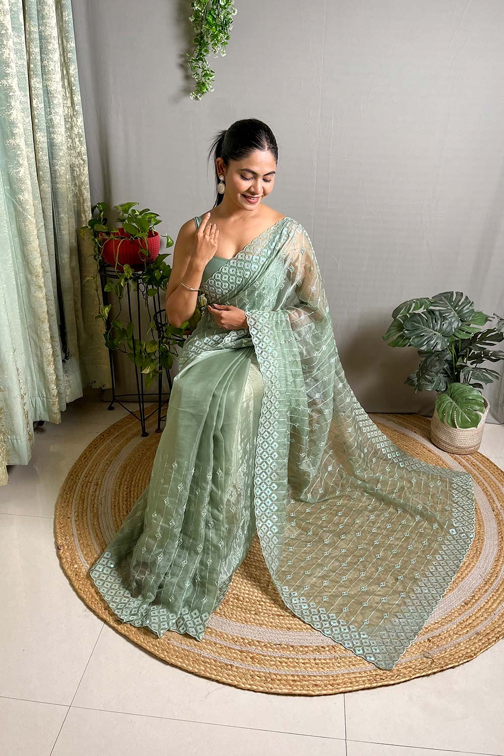 Pista Crystal Silk Embroidered Saree