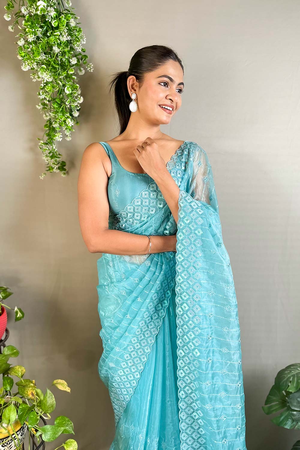 Sky Blue Crystal Silk Embroidered Saree