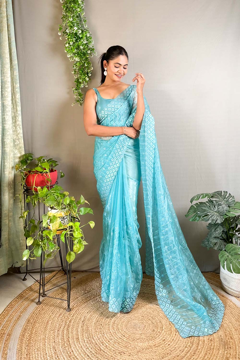 Sky Blue Crystal Silk Embroidered Saree